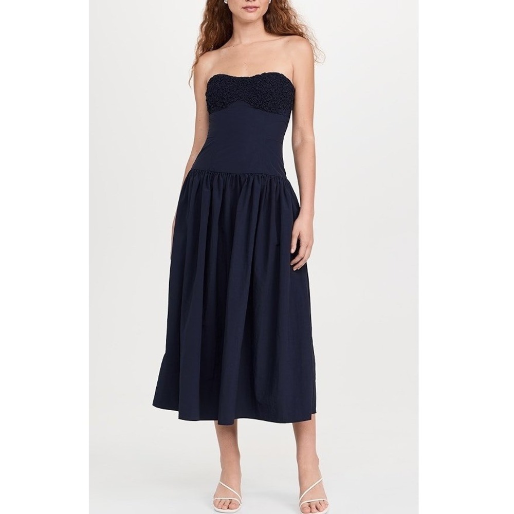 Moon River Midi Dress Strapless Navy Poplin Romantic Boned Bodice Romantic XS